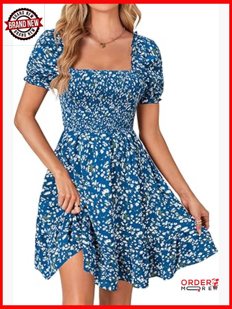 Boho Floral Print Smocked Mini Dress Square Neck Ruffle Casual Summer